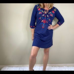 Johnny Was Navy Blue Dress, 3/4 sleeves, s…